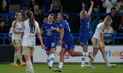Lauren James of Chelsea celebrates scoring their fifth goal against Leicester City.