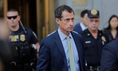 Anthony Weiner leaves court in Manhattan. As his sentence was announced, Weiner dropped his head into his hand and wept, then stared straight ahead.