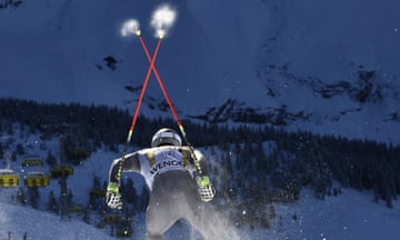 France’s Adrien Theaux sets off from the stating gates during the FIS Alpine Ski World Cup downhill training session in Wengen, Switzerland