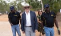 Senior Gumatj leader of the Yolngu people Djawa Yunupingu, right, greets Anthony Albanese on his arrival at Garma.