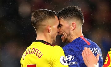 Jorginho of Chelsea clashes with Gerard Deulofeu of Watford.