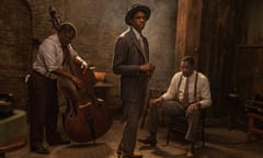 Ma Rainey’s Black Bottom (2020): (L to R) Michael Potts as Slow Drag, Chadwick Boseman as Levee and Colman Domingo as Cutler. Cr. David Lee / Netflix