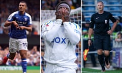 From left: Kayden Jackson celebrates scoring the second goal in Ipswich Town’s win over Stoke; Wilfried Gnonto rues a missed chance during Leeds United’s draw against Cardiff; local ref, and Pompey fan, Julian Browning during their game against Cheltenham Town.