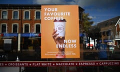 A poster featuring coffee is pictured in the window of a Pret a Manger shopfront