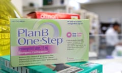 A small box labeled 'Plan B One-Step' is seen against the blurred background of a pharmacy.