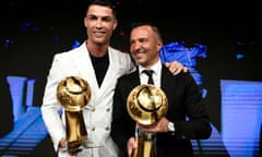 Jorge Mendes after being named agent of the year at the 2019 Dubai Globe Soccer Awards, alongside his client Cristiano Ronaldo.