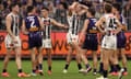 Collingwood’s Billy Frampton reacts to the contentious free kick awarded to Docker Sean Darcy in their draw.