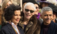 March4Women<br>(left to right) Bianca Jagger, Annie Lennox and Mayor of London Sadiq Khan at a photocall ahead of the March4Women in London. PRESS ASSOCIATION Photo. Picture date: Sunday March 5, 2017. See PA story POLITICS Women. Photo credit should read: Dominic Lipinski/PA Wire