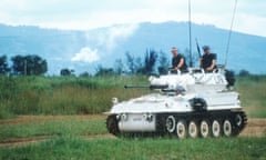 French And Belgian Troops Help Evacuation<br>185349 06: A tank protects the area to help civilians evacuate April 11, 1994 in Kigali, Rwanda. The majority of French and Belgian nationals living in Rwanda have decided to leave, after civil war between Hutus and Tutsis has left between 500,000 and one million dead. (Photo by Scott Peterson/Liaison)