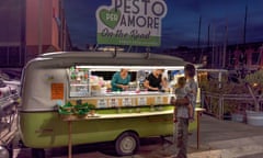 Evening street sale of pesto in a trailer at the harbour, Genoa, Italy<br>2WF2MTA Evening street sale of pesto in a trailer at the harbour, Genoa, Italy