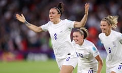 Lucy Bronze celebrates after scoring England’s second goal in their 4-0 semi-final win over Sweden.