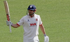 Alastair Cook celebrates his century for Essex at Fenner’s, his first since becoming a knight.