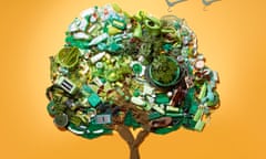 Illustration of a tree made up of plastic bottles, old clothes, etc