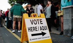 Voters Cast Ballots During Midterm Elections<br>A "Vote Here" sign stands outside a polling station in Phoenix, Arizona, U.S., on Monday, Nov. 6, 2018. Today's midterm elections will determine whether Republicans keep control of Congress and will set the stage for President Donald Trump's bid to win re-election in 2020. Photographer: Caitlin O'Hara/Bloomberg via Getty Images