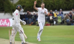 James Anderson bowls Liam Patterson-White for his sixth wicket at Southport. 