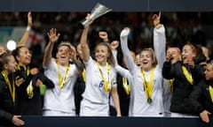 England captain Leah Williamson lifts the Arnold Clark trophy at Ashton Gate.