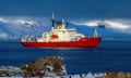 Penguins watch the Noosfera, Ukraine’s Antarctic research vessel, which keeps the Ukrainian and Polish bases supplied.