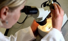 A woman looking through a microscope