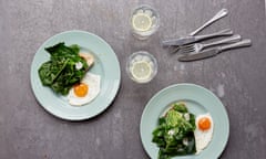 Herb and garlic spring greens with fried eggs