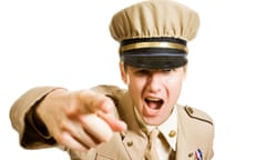 A soldier screaming commands towards the camera, isolated on white.