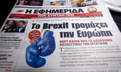 The Forthcoming EU Referendum Grabs Headlines Across The Global Media<br>ATHENS, GREECE - JUNE 17: In this photo illustration, a Greek daily newspaper with the cover headline of ‘Brexit Scares Europe’ in reference to the upcoming referendum in Great Britain over whether to remain in the European Union is displayed on a table on June 17, 2016 in Athens, Greece. Many analysts predict a Brexit could spur other member states to hold their own referendums. (Photo Illustration by Milos Bicanski/Getty Images)