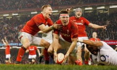 Josh Adams scores the second Wales try against England.