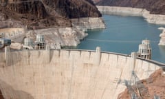 Lake Mead Falls To Lowest Level Since Hoover Dam’s Construction<br>LAKE MEAD NATIONAL RECREATION AREA, ARIZONA - JUNE 15: A view shows Lake Mead behind the Hoover Dam from the Arizona side of the Mike O’Callaghan-Pat Tillman Memorial Bridge on June 15, 2021 in the Lake Mead National Recreation Area, Arizona. Last week, The U.S. Bureau of Reclamation reported that Lake Mead, North America’s largest artificial reservoir, dropped to 1,071.53 feet above sea level, the lowest it’s been since being filled in 1937 after the construction of the Hoover Dam. The declining water levels are a result of a nearly continuous drought for the past two decades coupled with increased water demands in the Southwestern United States. The drought has left a white “bathtub ring” of mineral deposits left by higher water levels on the rocks around the lake. (Photo by Ethan Miller/Getty Images)