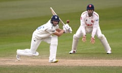 Durham batter Colin Ackermann drives for runs watched by Nick Browne.