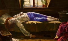 Death of Chatterton by Henry Wallis painting of a young man in a shirt and below-the-knee trousers lying on a bed under an open paned window