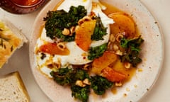 Yotam Ottolenghi’s burrata with marinated blood orange, hazelnut and crisp kale.