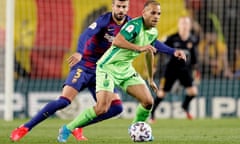 FC Barcelona v Leganes - Spanish Copa del Rey<br>BARCELONA, SPAIN - JANUARY 30: (L-R) Gerard Pique of FC Barcelona, Martin Braithwaite of Leganes during the Spanish Copa del Rey match between FC Barcelona v Leganes at the Camp Nou on January 30, 2020 in Barcelona Spain (Photo by Jeroen Meuwsen/Soccrates/Getty Images)