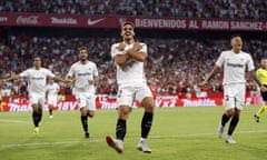 Sevilla’s Andre Silva celebrates after scoring against Real Madrid