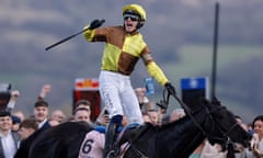 Paul Townend celebrates victory with Galopin Des Champs at the 2023 Gold Cup