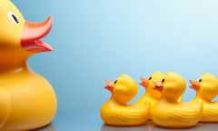 Mother rubber duck and several rubber ducklings