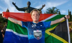 Eddie Izzard at the Nelson Mandela statue in Pretoria after finishing his Sport Relief challenge.