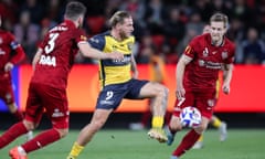 Central Coast Mariner star Jason Cummings sets up to score against Adelaide United in the A-League Men's Semi-Final at Coopers Stadium in Adelaide.