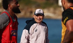 Wallabies head coach Eddie Jones, pictured at a Wallabies training session at Coogee Beach, has named a 34-man squad for the Rugby Championship.