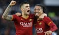 Chris Smalling celebrates with Roma teammate Gianluca Mancini