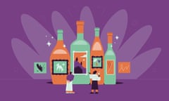 Illustration of a couple of tiny people surveying huge, colourful bottles of wine