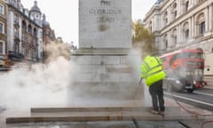 Armistice Day 2018<br>Handout photo issued by English Heritage of Chris Boyle cleaning the Cenotaph in Whitehall, central London ahead of the National Service of Remembrance on Sunday 11 November. PRESS ASSOCIATION Photo. Issue date: Monday November 5, 2018. English Heritage cares for the war memorial, originally designed by Edwin Lutyens to honour the absent dead of the First World War. Photo credit should read: Christopher Ison/English Heritage/PA Wire NOTE TO EDITORS: This handout photo may only be used in for editorial reporting purposes for the contemporaneous illustration of events, things or the people in the image or facts mentioned in the caption. Reuse of the picture may require further permission from the copyright holder.