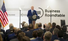 President Biden Joins Business Roundtable's CEO Quarterly Meeting<br>U.S. President Joe Biden speaks while joining the Business Roundtable's chief executive officer quarterly meeting in Washington, D.C., U.S., on Monday, March 21, 2022. Biden is expected to discuss the United States' response to Russia's war with Ukraine and create good-paying union jobs according to the White House. Photographer: Leigh Vogel/Bloomberg via Getty Images