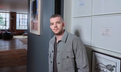Actor Russell Tovey with his art collection. He as been an Art collector for a number of years now starting out with some Tracey Emin prints. Tracey Emin prints in the background , Gavin Turk Plack. Date: 23 August 2019 Photograph by Amit Lennon