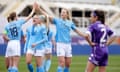 Samantha Mewis celebrates with Ellen White after scoring Manchester City’s fourth goal in their  5-0 victory over Fiorentina