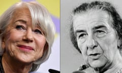 This combination of pictures created on January 13, 2023 shows British actress Helen Mirren (L) during a press conference part of the "Homage Dame Helen Mirren" on February 27, 2020 at the 70th Berlinale film festival in Berlin and late and former Israeli Prime Minister Golda Meir giving a press conference on October 15, 1973 during the Yom Kippur war.