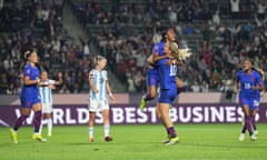 Jaedyn Shaw of the United States celebrates after scoring against Argentina with teammate Lindsey Horan during Friday’s Concacaf W Gold Cup group-stage match at Dignity Health Sports Park.