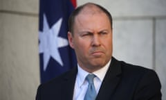 Josh Frydenberg-PM Scott Morrison<br>The treasurer Josh Frydenberg at a press conference with prime minister Scott Morrison in the PM’s courtyard of parliament house in Canberra. Monday 30th March 2020. Photograph by Mike Bowers. Guardian Australia. Coronavirus Australia.