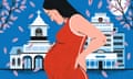 An illustration of a pregnant woman standing in front of two hospital buildings, one with a cross over it symbolising a religious hospital