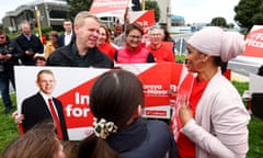 New Zealand’s prime minister Chris Hipkins talks to supporters during campaigning in Wellington.