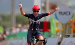 Great Britain’s Sarah Storey celebrates winning the C4/C5 women’s road race.