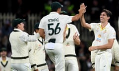 Australia’s captain Pat Cummins celebrates an England wicket on day three of the Hobart Test.